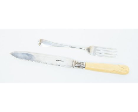 A silver fork, London 1814,&nbsp; hallmarked along with a cake knife, bone handle EPNS, HF &amp; Co, hallmarked (2)
