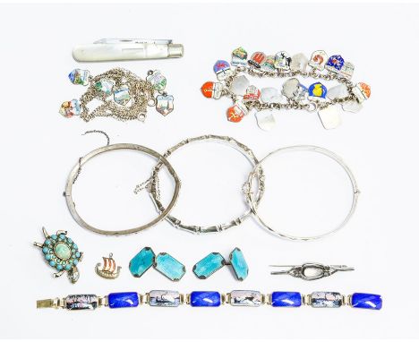 Two silver bracelets, a Scandinavian enamel bracelet, stamped RW, two souvenir bracelets, a silver bladed pocket knife etc