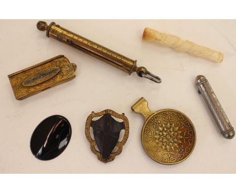 A Jockey Club Souquet L. Le Grand Paris; an ivory cigarette holder; a gilt metal vesta case; portable brass scales; caddy spo