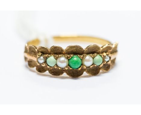 A turquoise and seed pearl Victorian ring, 9ct gold, size M, total gross weight approx 2.4gms