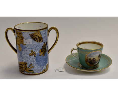 A Royal Worcester twin handled ceramic tankard, height approx. 16cm; together with an early hand painted large cup and saucer