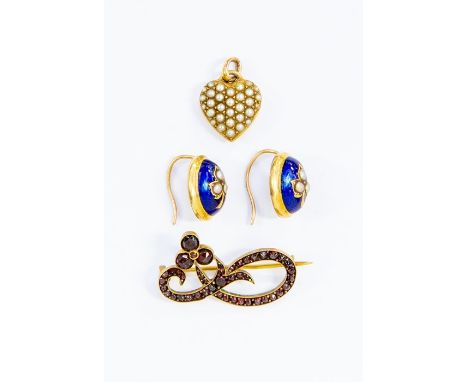 A collection of Victorian/Edwardian items to include a pair of blue enamel dome earrings with foliate gold decoration set wit
