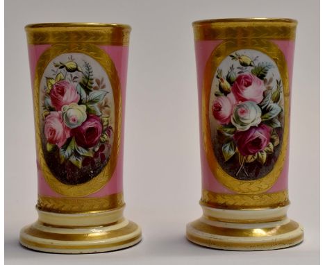 A pair of mid-19th Century, possibly Continental, cylinder vases, pink ground, with gilt detailing and enamel, height approx.