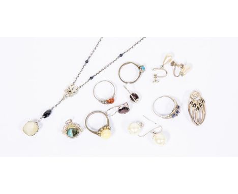 Silver; A Rennie Macintosh brooch; a silver necklace with pendant etc, garnet and silver wire earrings, sapphire/silver ring,