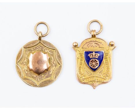 Derby interest- Two 9ct gold sporting medals to include a Derbyshire Football association, winners 1921-22, shield shaped ena