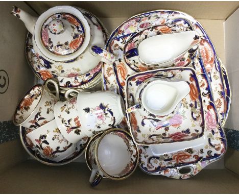 A Masons Ironstone Mandalay tea service and serving plates, together with sauce boat and stand, teapot and sugar bowl and mil