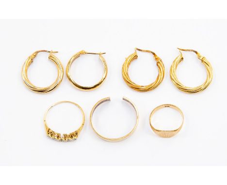 Two 9ct gold rings, combined weight approx. 4.4gms a/f cut through, along with a pair of 9ct gold hoop earrings and another s