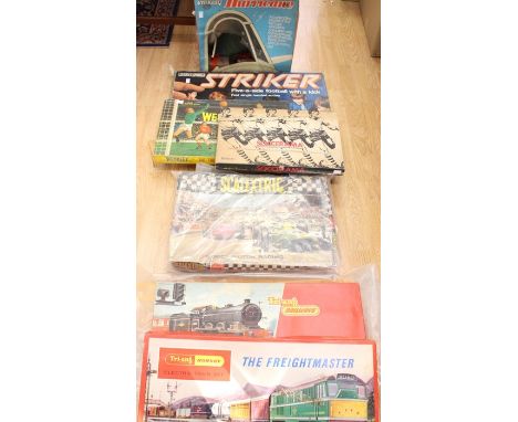 Scalextric, Triang railway, Striker football game, Wembley, Hurricane plane model, soccer game etc (Q)