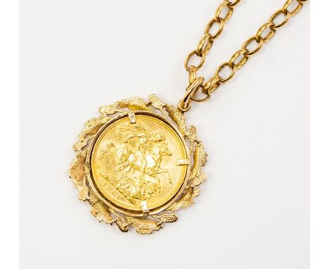 A 1900 sovereign with 9ct gold leaf surround and 9ct gold chain, chain length approx.24''. total gross weight approx.&nbsp; 2