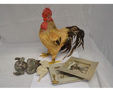 Lincoln Imp items, door knocker figure, spoon, along with two stoneware plaques or dishes, square along with a cockerel. (one