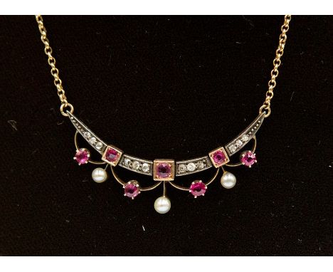 A Victorian ruby, spinel, diamond and pearl garland 9ct gold&nbsp; necklace, crescent shaped form with swag knife edge bars s