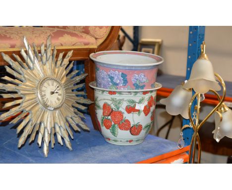 FLOOR LAMP, 2 POTTERY PLANTERS &amp; WALL CLOCK    