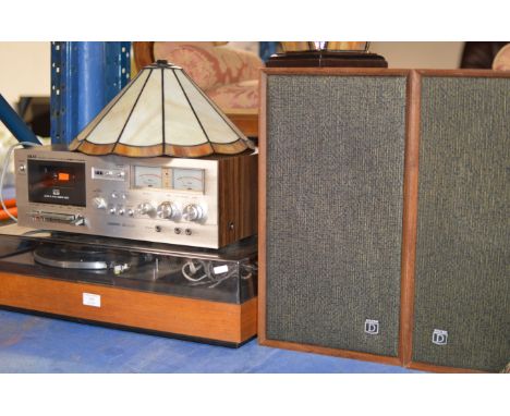 VINTAGE TURNTABLE, VINTAGE AKAI STEREO CASSETTE DECK &amp; PAIR OF TEAK CASED SPEAKERS    