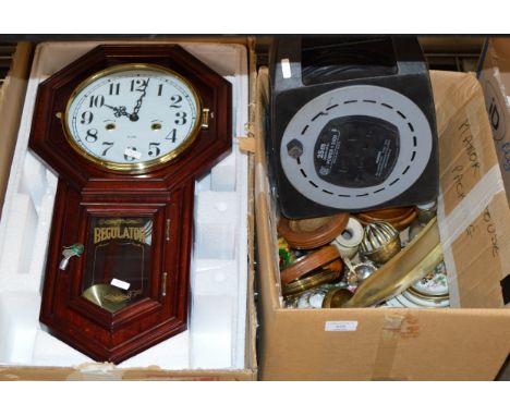 2 BOXES WITH MIXED CERAMICS, WOODEN COASTERS, MODERN WALL CLOCK ETC    