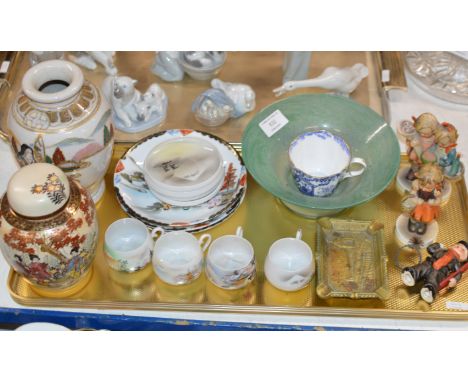 TRAY WITH GENERAL CERAMICS, HUMMEL FIGURINES, COLOURED GLASS BOWL, QUANTITY ORIENTAL STYLE TEA WARE, SATSUMA VASE ETC    