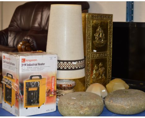 3KW HEATER IN BOX, RETRO STYLE LAMP, BRASS STICK STAND, 2 GLASS SHADES &amp; PAIR OF CURLING STONES    