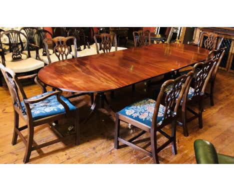 A Regency revival mahogany D-end twin pedestal dining table, 20th Century, fluted edge top with two additional leaves, triple