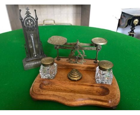 An Edwardian light oak desk inkstandish, double clear hobnail cut glass cube inks, pen well and incorporating an integral set