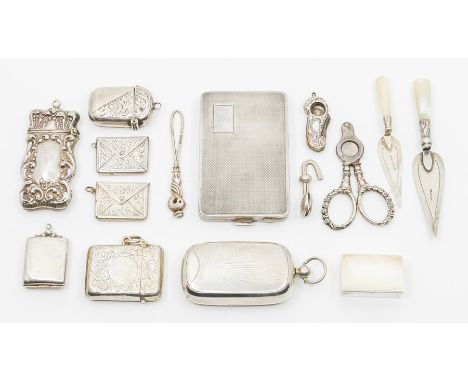 Silver smoking and other accessories and requisites, to include a stamp/sovereign fob combined, Birmingham 1907, three vesta 