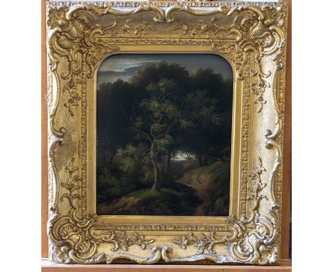 British School, circa 1820, a wooded landscape with a figure on a meandering path, oil on panel, 29 by 23cm, in a 19th Centur