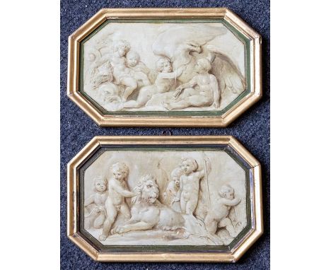 Italian School, 18th/19th Century, cherubs with an eagle and cherubs with a lion, a pair, oil on panel, octagonal, 15 by 25cm
