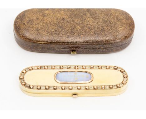 A George III ivory toothpick case, the hinged cover with a studded yellow metal border framing a central opal marked Fidelite