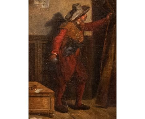 John Seymour Lucas R.A. (British, 1849-1923), a cavalier holding back a curtain, F.W initials l.r., oil on panel, 26 by 20cm,