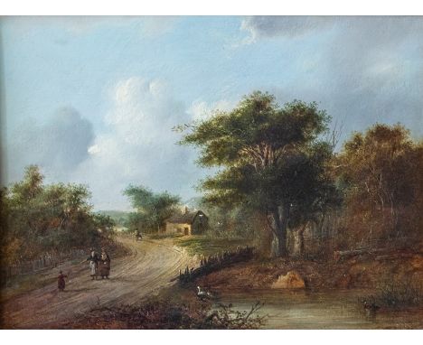 European School, late 19th Century, a rural landscape with a cottage and figures on a path in the foreground, oil on panel, 3