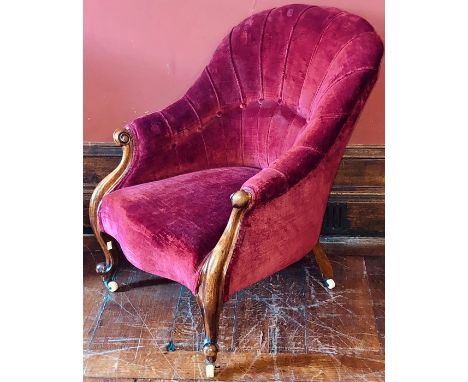 A mid Victorian walnut framed parlour armchair, circa 1860, curved back, crimson velvet type upholstery, scroll arms to scrol