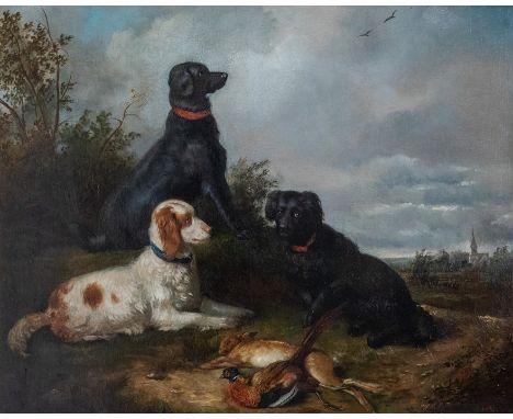 Tony Dury (French, 1819-1896), The Day's Bag - three sporting dogs with game in a landscape, , signed l.r., oil on panel. 40 