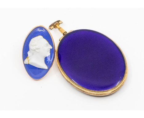 A George III oval mourning pendant locket, one side inset with plaited hair, the other of deep blue enamel, height 7cm, toget