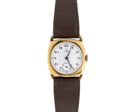 Omega, a 1930's gents 9ct gold Omega wristwatch, white enamel circular dial with subsidiary seconds dial, tan leather strap, 