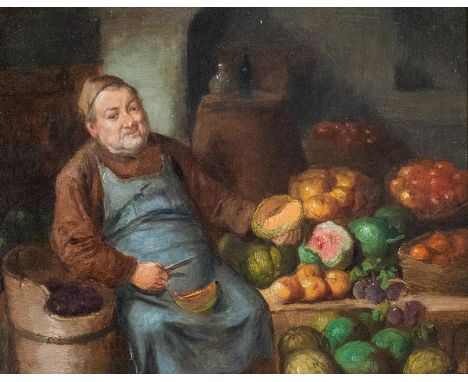 Follower of Eduard von Grutzner, a monk in an interior sampling fruit, oil on panel. 20 by 25cm, framedProvenance: Over Burro