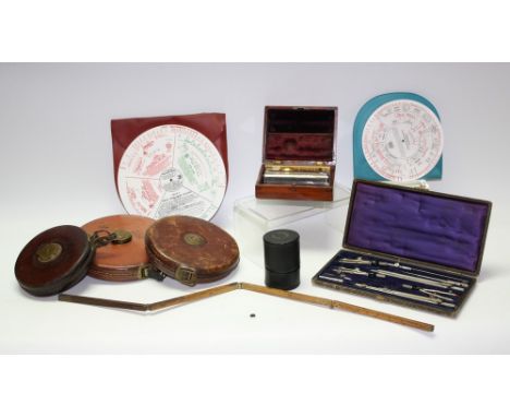 Boxes and Objects - a Chesterman tape measure; a John Rabone tape measure, another; draftsman instruments; Sikes Hydrometer, 