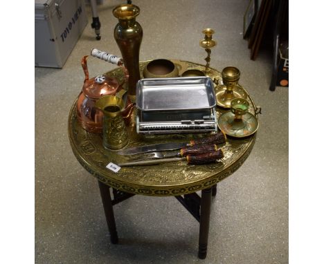 Metalware - brass, various; Middle Eastern table top; kitchenalia - vintage scales; etc 