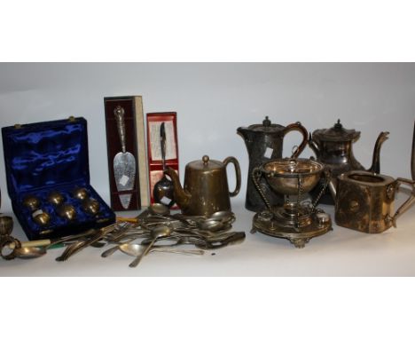 A silver hafted cake slice; a late Victorian EPNS egg warmer; a 19th century EPBM coffee pot, hot water jug, teapot; flatware