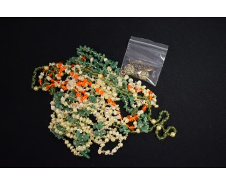 Jewellery - jade necklace, pearl necklace; a Victorian pendant set with diamonds; gold coloured items