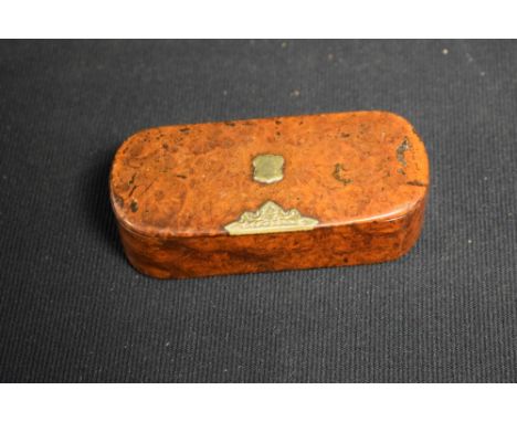 A 19th century gilt metal mounted burr walnut snuff box, hinged cover, 10cm wide, c.1850
