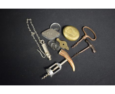 Boxes and Objects - corkscrews; police whistle; horn eyeglass; brass snuff box