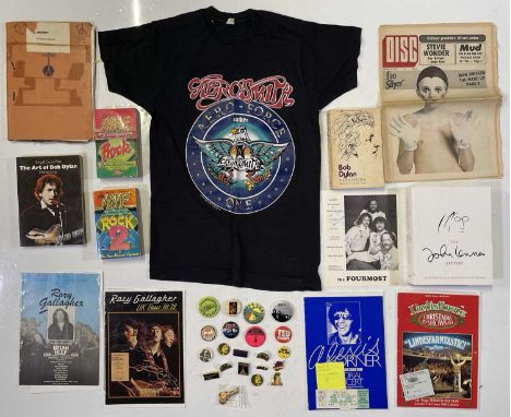 Good selection of music memorabilia to inc: original 1989 Aerosmith t-shirt (L), approx 21 original pin badges inc Rolling St