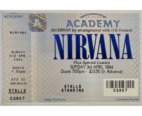A complete and unused Nirvana ticket for the cancelled concert at Brixton Academy 3rd April 1994. Excellent condition. Measur