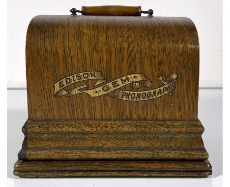An Edison 'Model C' wax cylinder phonograph, with horn, case, winder and four cylinders. Very good condition. Includes 1986 p