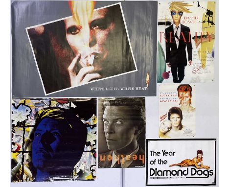 Six David Bowie posters, mostly c 1990s/00s. To inc: Aladdin Sane/Pin Ups (16x23"), Heathen 2002 (20x30"), Reality (24x34"), 