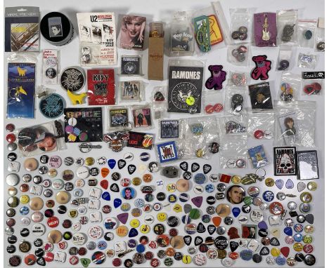 Generous collection of 180+ pin badge. Other collectables inc Elvis zippo (not suitable for overseas shipping), patches, key 