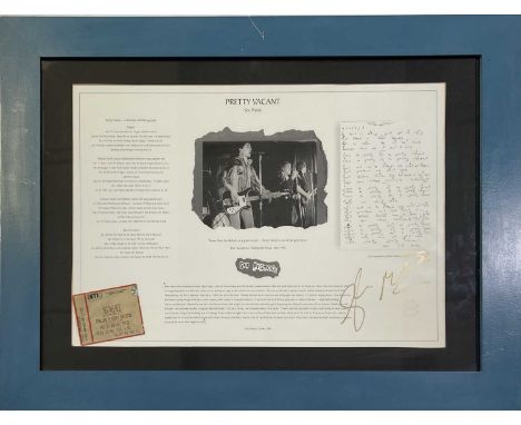 A framed and glazed presentation to inc a limited edition 'Music Gr8s' print (287/500) signed by Glen Matlock, along with a S