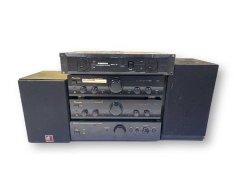 A collection of Hifi equipment to include a Samson servo-170 studio amplifier, a Harmon/Kardon LS0200 speaker, a Dynaudio Aco
