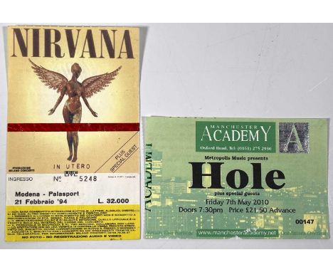 An original concert ticket stub for Nirvana in Modena, 21st Feb 1994 (8x13cm). a 2010 Hole ticket stub.