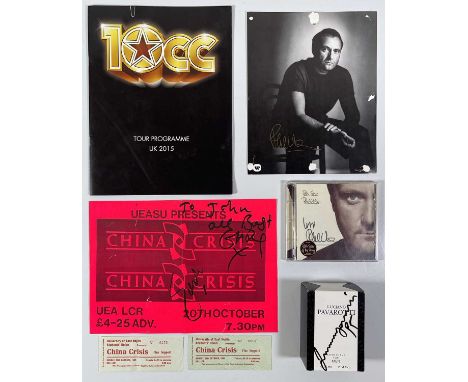 Selection of signed items to inc: CD booklet and promo card (approx 8x10") each signed by Phil Collins, Pavarotti aftershave 