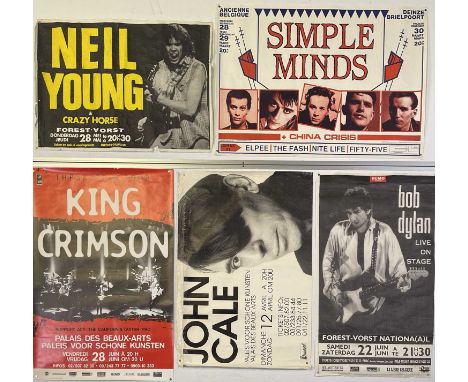 Five original concert posters, mostly for events in Belgium c 1980s/90s to inc: Neil Young (33x24"), Simple Minds (similarly 
