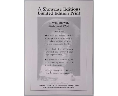 A limited edition produced by 'Showcase Editions' in 2001, depicting an image of David Bowie by Mick Rock. Signed by Mick Roc